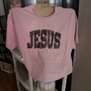 Gildan Pink Graphic Tee with Bold Lettering